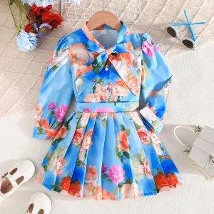Kids Girls Fashion Casual Floral Lapel Long-Sleeve Shirt Pleated Skirt Two-Piece Set