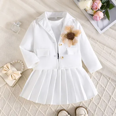 Kids Girls Floral Print Lapel Long-Sleeve Cardigan Vest Pleated Skirt Three-Piece Set Casual Set