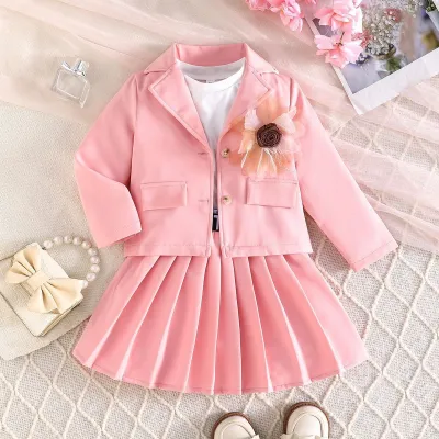 Kids Girls Floral Print Lapel Long-Sleeve Cardigan Vest Pleated Skirt Three-Piece Set Casual Set