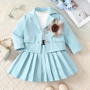 Kids Girls Floral Print Lapel Long-Sleeve Cardigan Vest Pleated Skirt Three-Piece Set Casual Set