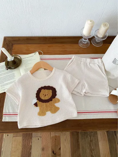 Kids Baby Boys Fashion Cute Lion Embroidered Waffle Cotton Short-Sleeve T-Shirt and Shorts Set
