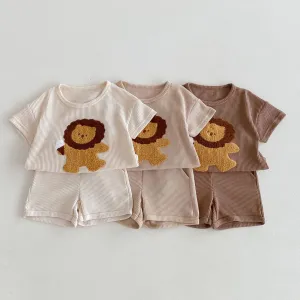 Kids Baby Boys Fashion Cute Lion Embroidered Waffle Cotton Short-Sleeve T-Shirt and Shorts Set