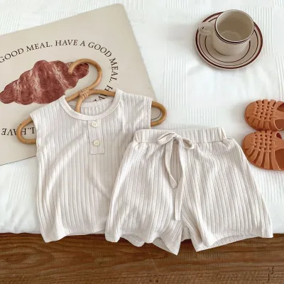 Kids Baby Boys Solid Color Striped Sleeveless Tank Top and Loose Shorts Cotton Two-Piece Set