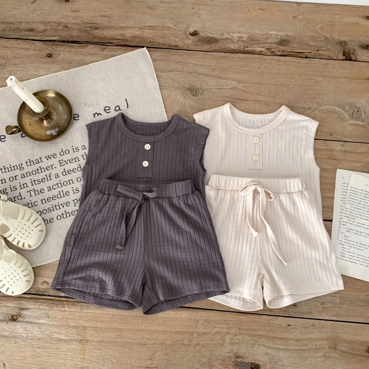 Kids Baby Boys Solid Color Striped Sleeveless Tank Top and Loose Shorts Cotton Two-Piece Set