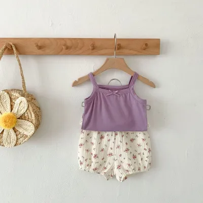 Kids Baby Girl's Fashion Cute Flower Printed Camisole Loose Shorts Two-Piece Set