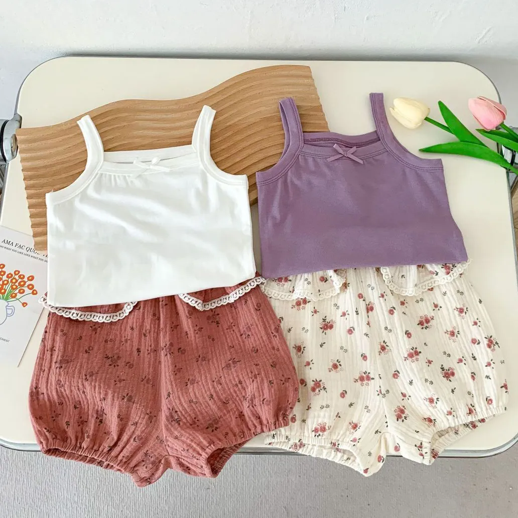 Kids Baby Girl's Fashion Cute Flower Printed Camisole Loose Shorts Two-Piece Set