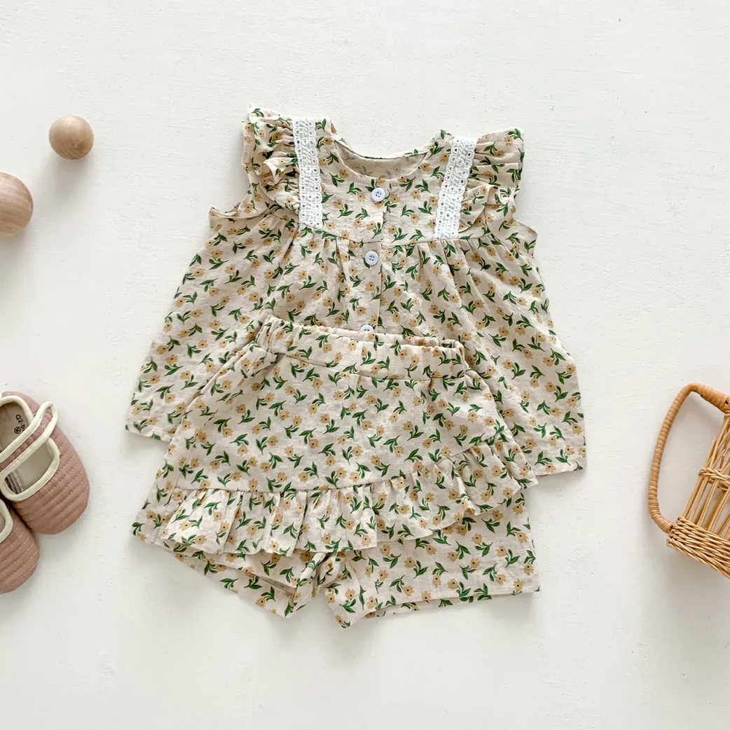 Kids Baby Girl Fashion Cute Flower Printed Lace Fly Sleeve Cardigan Top Lotus Leaf Short Two-Piece Set