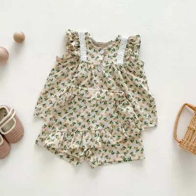 Kids Baby Girl Fashion Cute Flower Printed Lace Fly Sleeve Cardigan Top Lotus Leaf Short Two-Piece Set