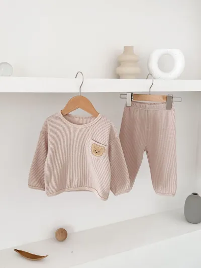 Kids Baby Boys Girls Fashion Cartoon Waffle Bear Long Sleeve Sweatshirt Pants Two-Piece Set