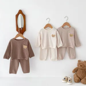 Kids Baby Boys Girls Fashion Cartoon Waffle Bear Long Sleeve Sweatshirt Pants Two-Piece Set
