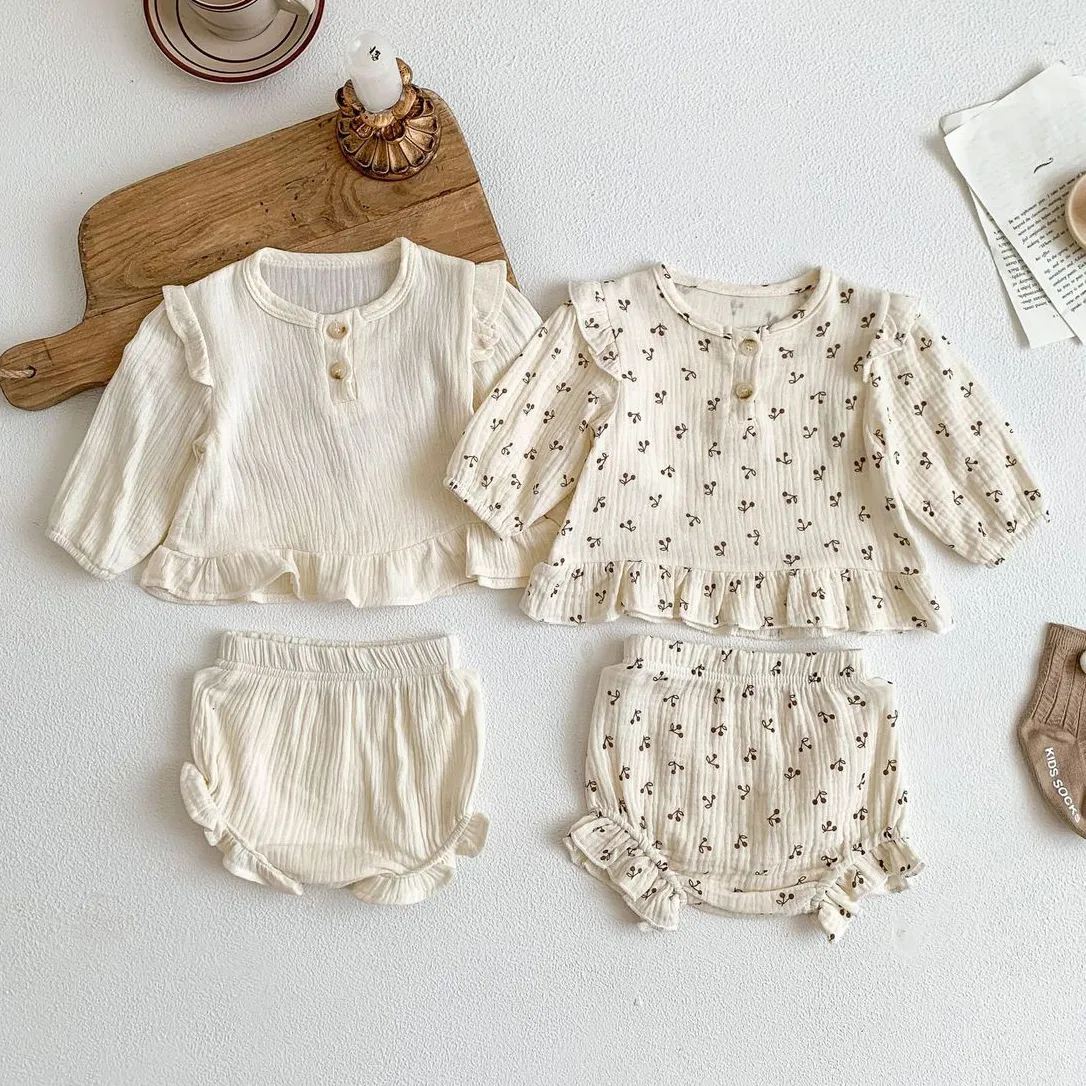 Kids Baby Girls Fashion Cute Cherry Cotton Long-Sleeve Shirt and Shorts Two-Piece Set