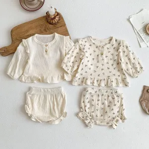 Kids Baby Girls Fashion Cute Cherry Cotton Long-Sleeve Shirt and Shorts Two-Piece Set