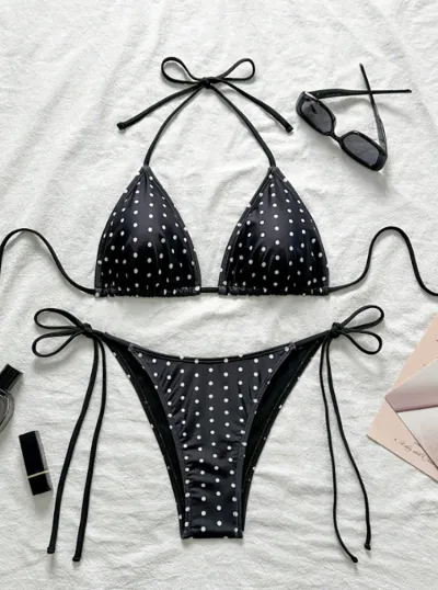 Women Fashion Sexy Printed Halter-Neck Lace-Up Bikini Swimsuit