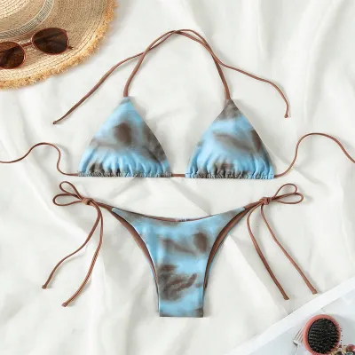 Women Sexy Tie-Dye Printed Halter-Neck Lace-Up Bikini Swimsuit