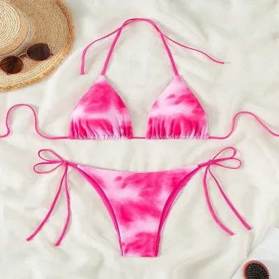 Women Sexy Tie-Dye Printed Halter-Neck Lace-Up Bikini Swimsuit