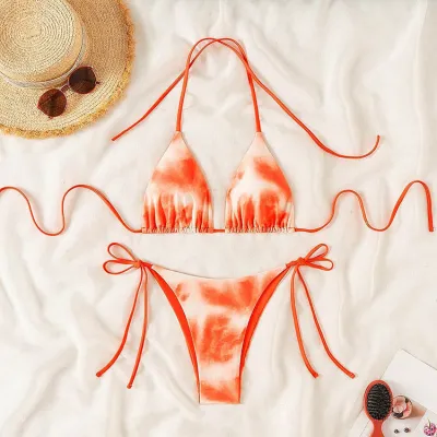 Women Sexy Tie-Dye Printed Halter-Neck Lace-Up Bikini Swimsuit