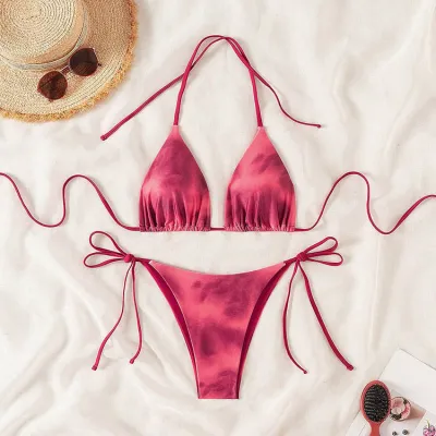 Women Sexy Tie-Dye Printed Halter-Neck Lace-Up Bikini Swimsuit
