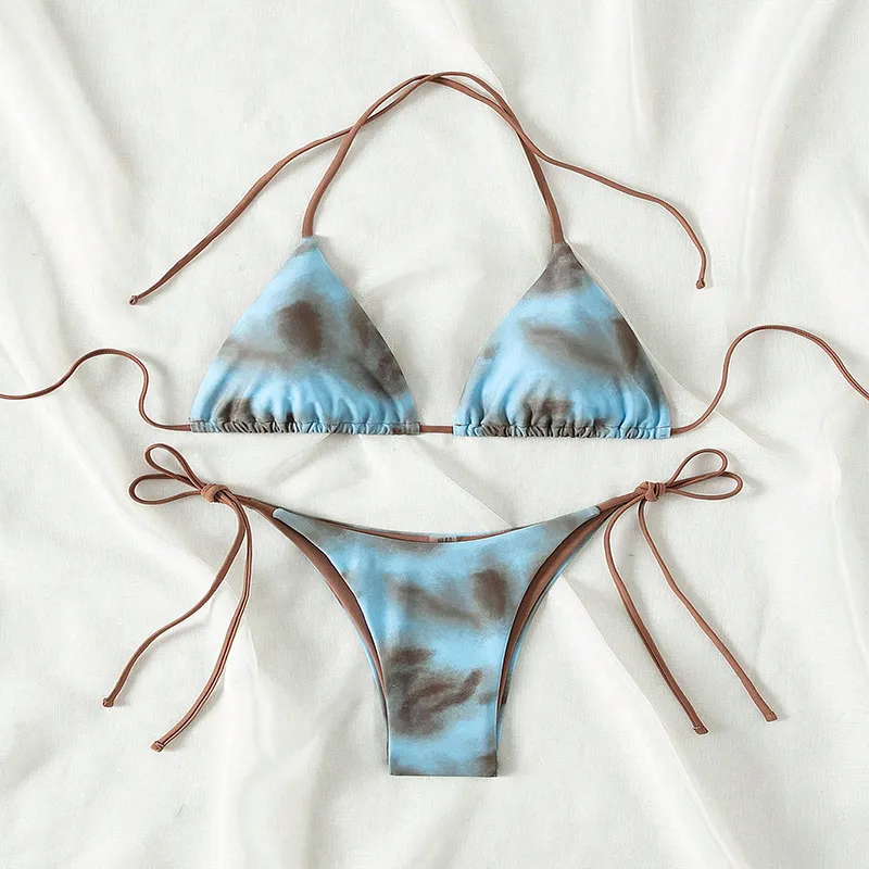 Women Sexy Tie-Dye Printed Halter-Neck Lace-Up Bikini Swimsuit