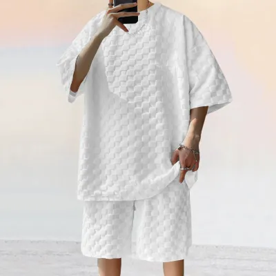 Men's Fashion Casual Solid Color Jacquard Plaid Short-Sleeve T-Shirt Loose Shorts Two-Piece Set