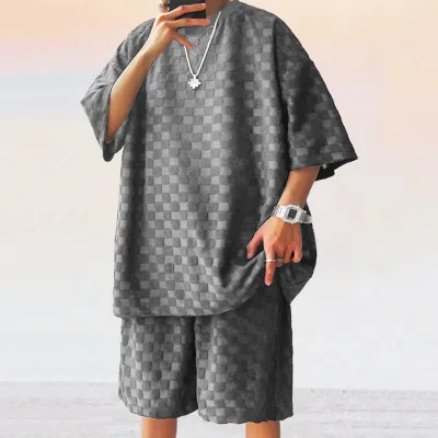 Men's Fashion Casual Solid Color Jacquard Plaid Short-Sleeve T-Shirt Loose Shorts Two-Piece Set