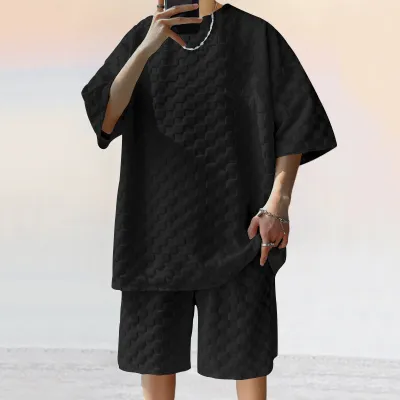 Men's Fashion Casual Solid Color Jacquard Plaid Short-Sleeve T-Shirt Loose Shorts Two-Piece Set