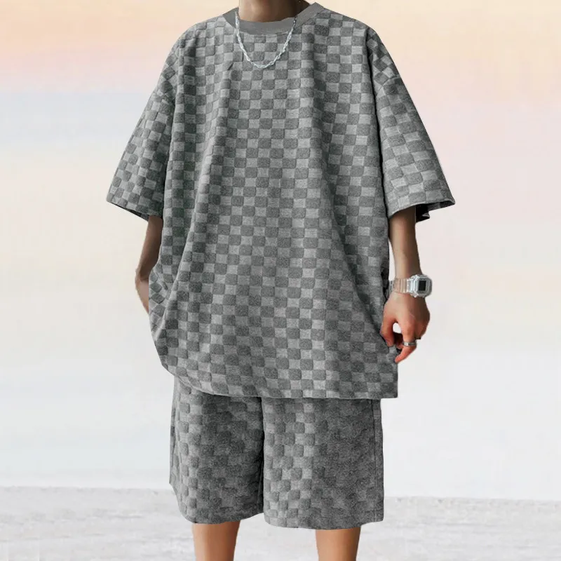 Men's Fashion Casual Solid Color Jacquard Plaid Short-Sleeve T-Shirt Loose Shorts Two-Piece Set