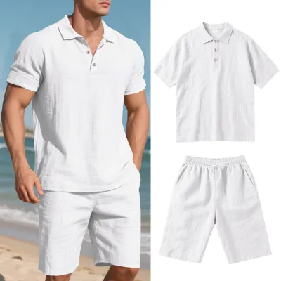 Men's Fashion Casual Solid Color Linen Breathable Lapel Short-Sleeve Shirt Loose Short Two-Piece Set