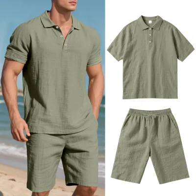 Men's Fashion Casual Solid Color Linen Breathable Lapel Short-Sleeve Shirt Loose Short Two-Piece Set