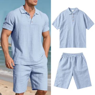 Men's Fashion Casual Solid Color Linen Breathable Lapel Short-Sleeve Shirt Loose Short Two-Piece Set