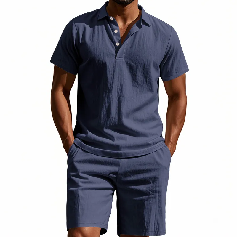 Men's Fashion Casual Solid Color Linen Breathable Lapel Short-Sleeve Shirt Loose Short Two-Piece Set