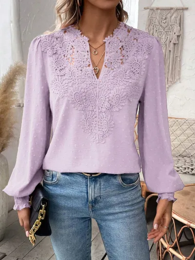 Women Casual Solid Color V-Neck Lace Long Sleeve Blouse