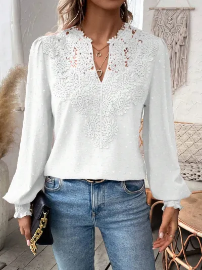 Women Casual Solid Color V-Neck Lace Long Sleeve Blouse