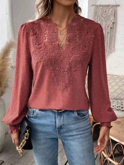 Women Casual Solid Color V-Neck Lace Long Sleeve Blouse