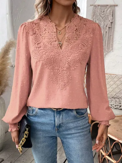 Women Casual Solid Color V-Neck Lace Long Sleeve Blouse
