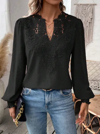 Women Casual Solid Color V-Neck Lace Long Sleeve Blouse