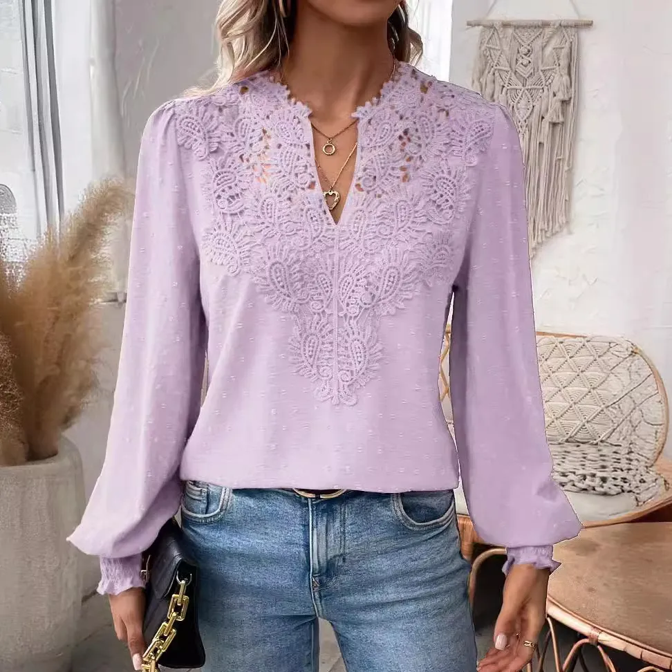 Women Casual Solid Color V-Neck Lace Long Sleeve Blouse