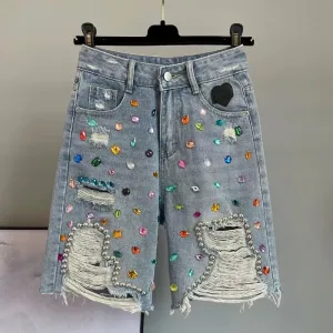 Women Fashion Casual Rhinestone Ripped Denim Shorts