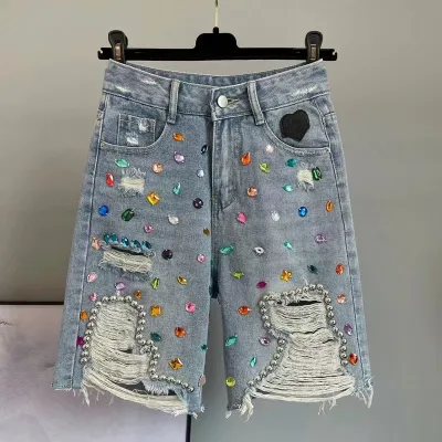Women Fashion Casual Rhinestone Ripped Denim Shorts