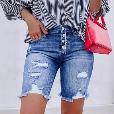 Women Casual Slim-Fit Breasted Rapped Denim Shorts