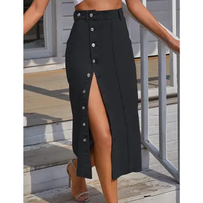 Women Casual Button Irregular Split High-Waisted Denim Skirt