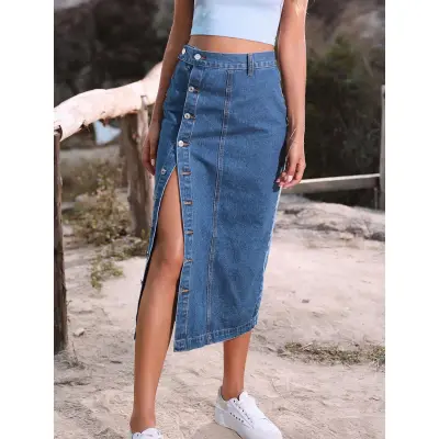 Women Casual Button Irregular Split High-Waisted Denim Skirt