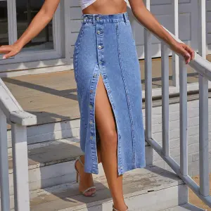 Women Casual Button Irregular Split High-Waisted Denim Skirt