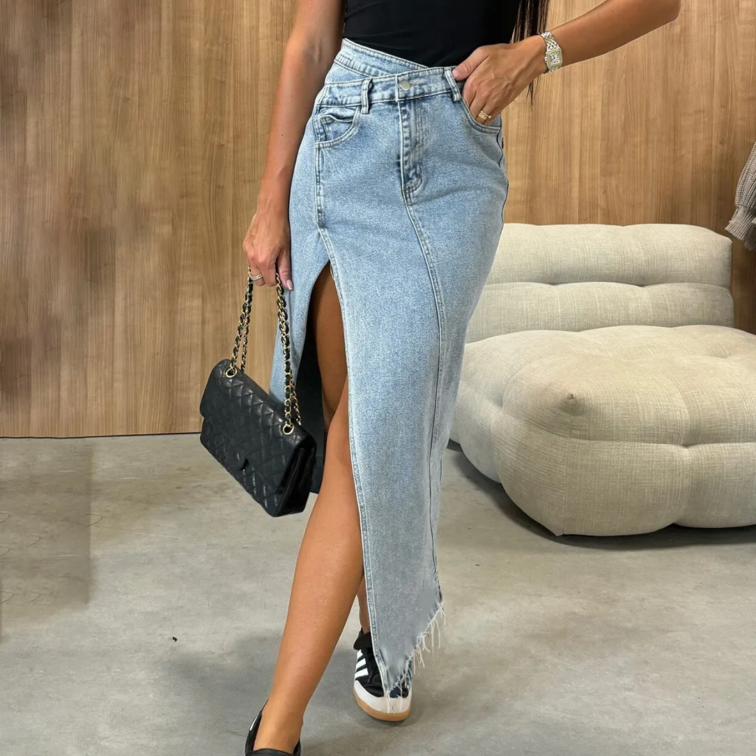 Women Fashion Sexy Stretch Slant Waist Split Cross Asymmetrical Denim Skirt