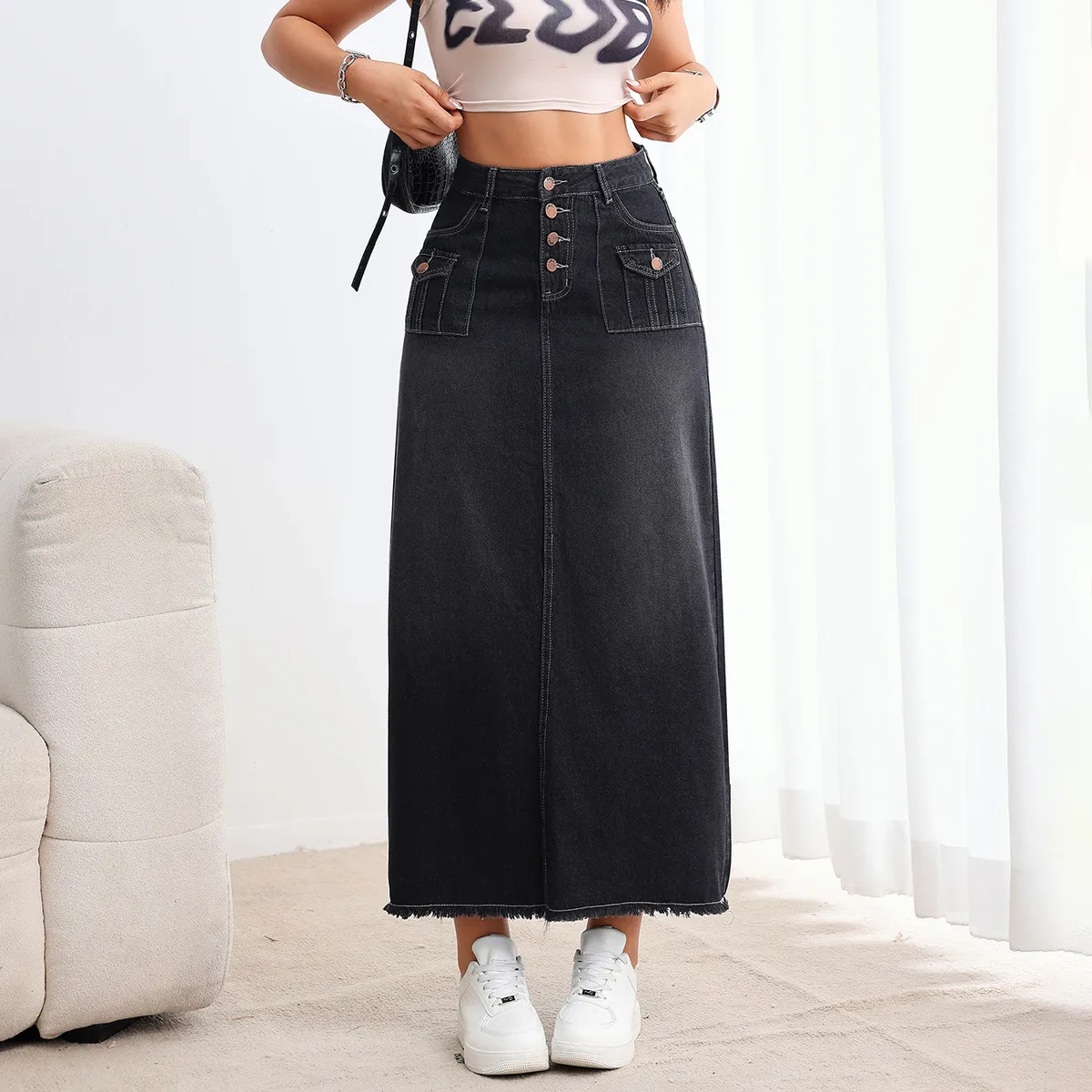Women Casual Retro Washed Multi-Button Mid-High Waist Denim Skirt