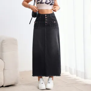 Women Casual Retro Washed Multi-Button Mid-High Waist Denim Skirt