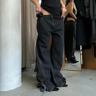 Women Fashion Casual Simple Lace-Up Straight Wide Leg Jeans