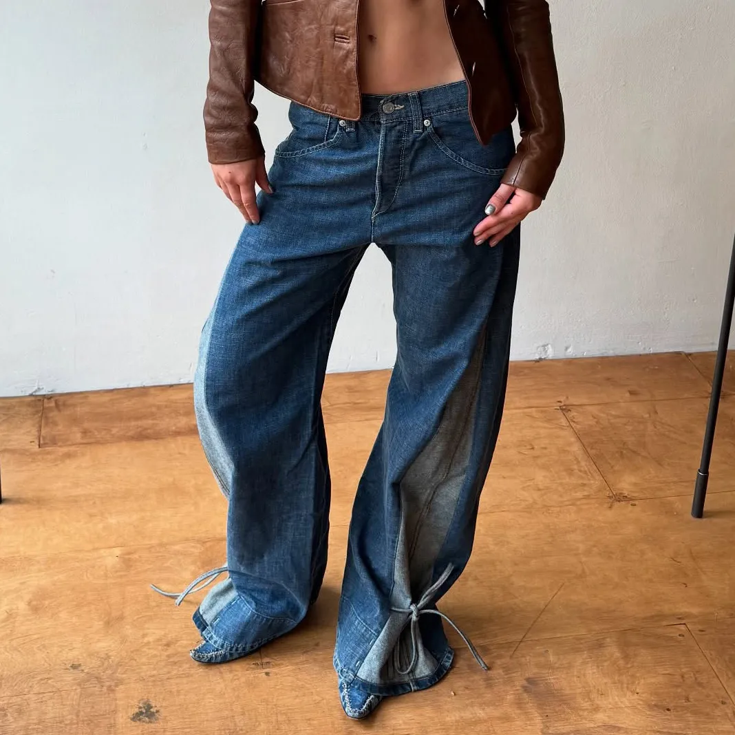 Women Fashion Casual Simple Lace-Up Straight Wide Leg Jeans