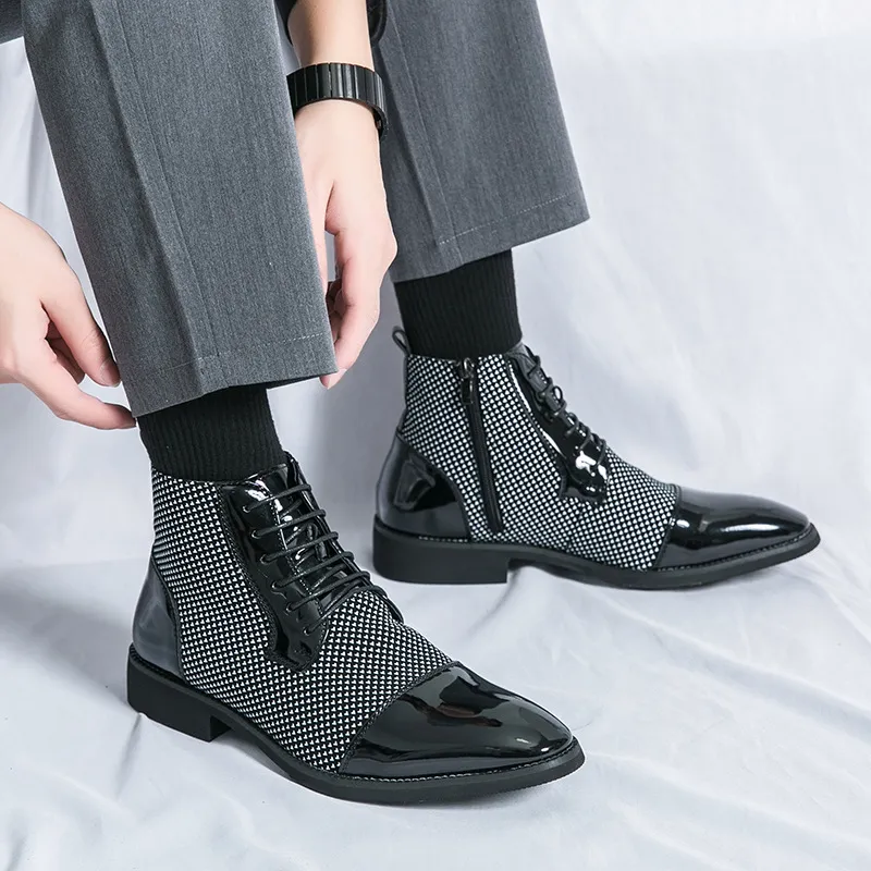 Men Fashion Casual Stitching Pointed Toe Business Leather Boots High Top