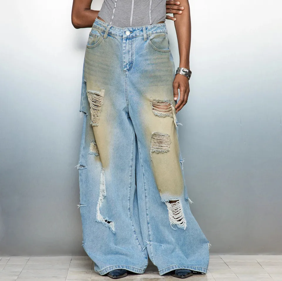Women Fashion Creative Yellow Mud Distressed Ripped Wide Leg Jeans