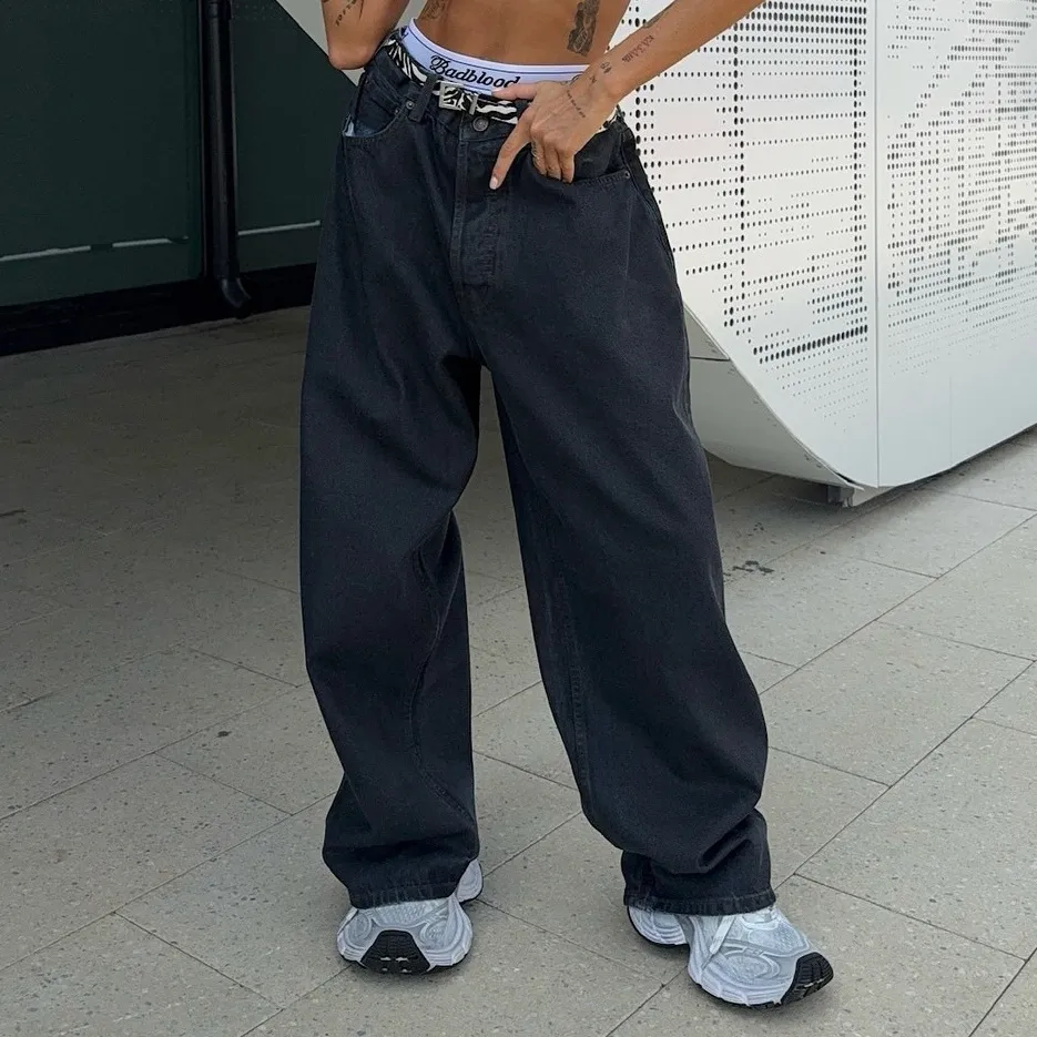 Women Fashion Casual Simple Straight Wide Leg Jeans